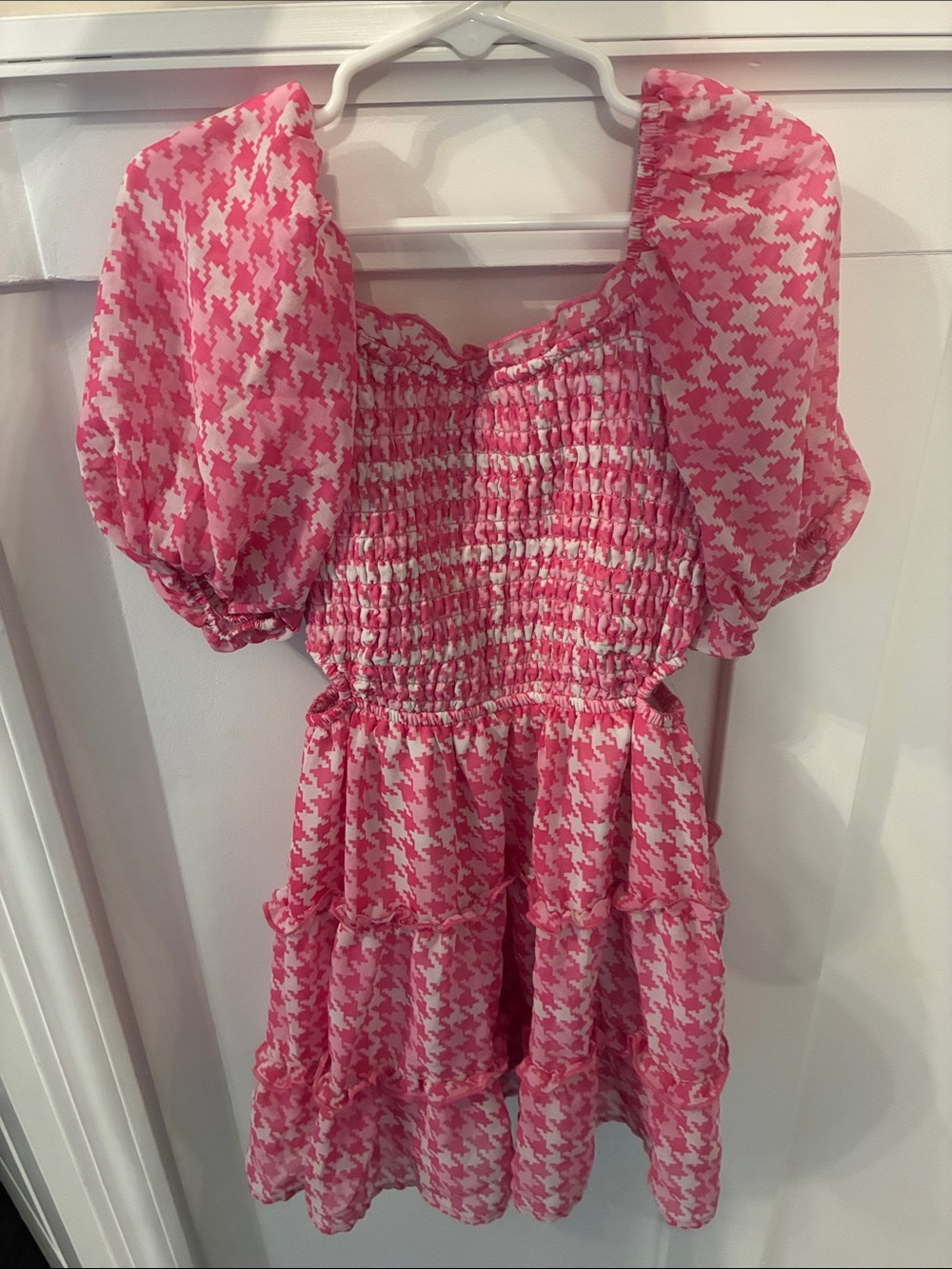 Cat & Jack Pink and White Houndstooth Smocked Tiered Dress